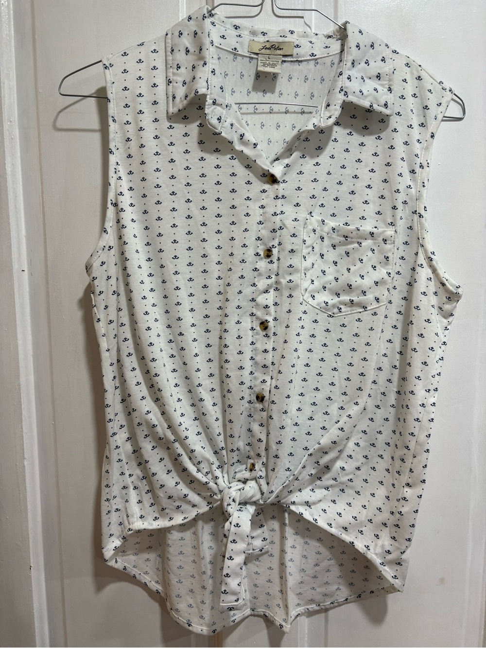 Sleeveless White Button-Down Tie Front Top with Navy Anchor Print